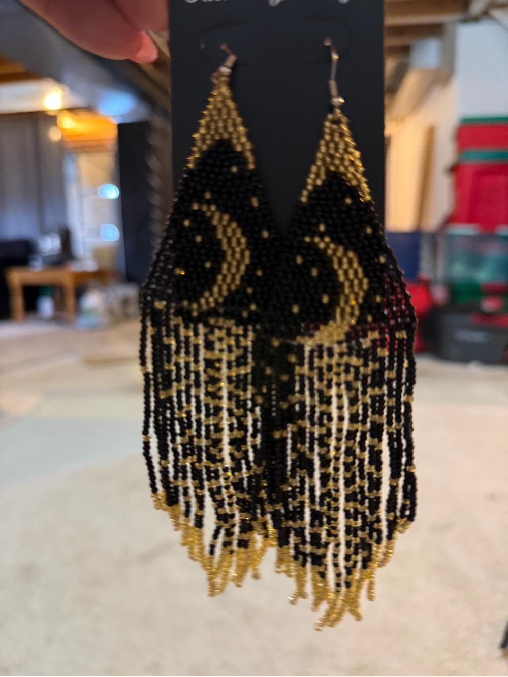 Black & Gold Crescent Fringe Beaded Earrings
